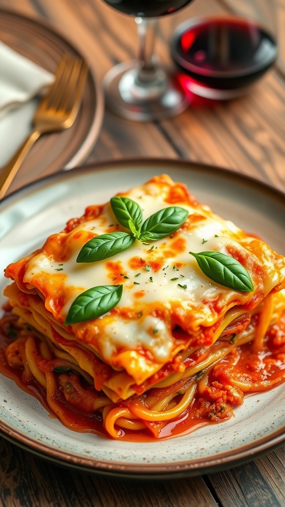 A delicious plate of one-pot cheesy lasagna with melted cheese and basil, served on a rustic table.